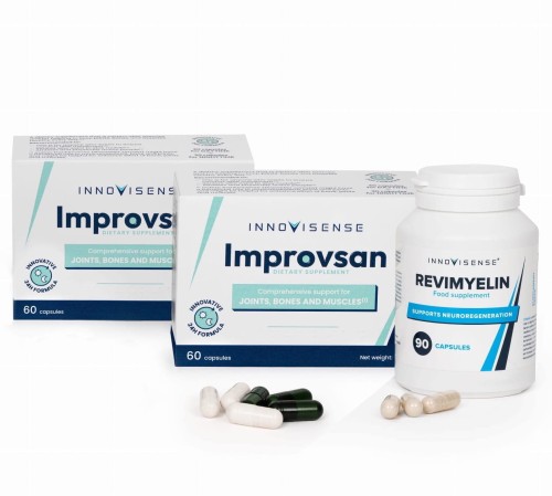 Das Set aus den Nahrungsergänzungsmitteln Revimyelin® und 2x Improvsan® von Innovisense – umfassende Unterstützung für das Nervensystem und den Bewegungsapparat.